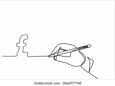 Continuous line drawing. Hand with pen drawing pound sterling money. Vector illustration