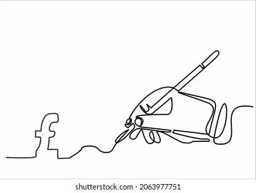 Continuous line drawing. Hand with pen drawing pound sterling money. Vector illustration
