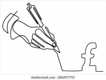 Continuous line drawing. Hand with pen drawing pound sterling money. Vector illustration