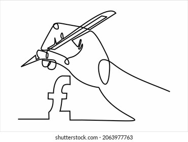 Continuous line drawing. Hand with pen drawing pound sterling money. Vector illustration