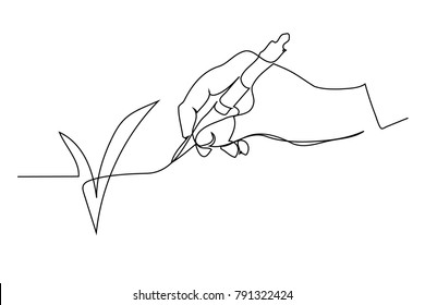 Continuous Line Drawing. Hand With Pen Puts A Tick Of Consent. Vector Illustration