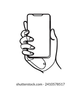 línea continua de la mano con el teléfono. ilustración vectorial de un teléfono en la mano de una persona. una línea