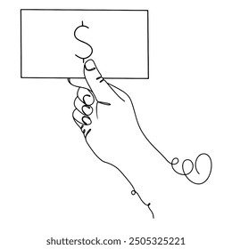 Continuous line drawing of hand pick dollar banknote isolated on transparent background. vector illustration
