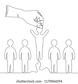 Continuous line drawing hand picking up one person from a row of people recruitment concept vector illustration