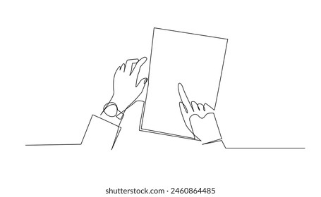 continuous line drawing of a hand and a piece of paper.one line drawing reading a piece of paper,hand pointing at the paper.one line vector illustration