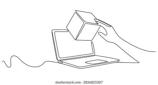 Continuous line drawing of a hand placing a cube box onto a laptop screen representing digital delivery and e-commerce concepts Vector, illustration