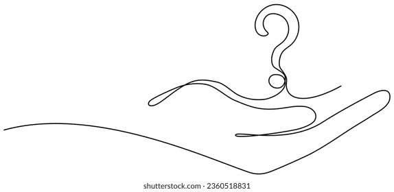 Continuous line drawing hand with question mark. Make choice symbol concept. Vector illustration isolated on white.