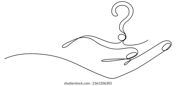 Continuous line drawing hand with question mark. Make choice symbol concept. Vector illustration isolated on white.