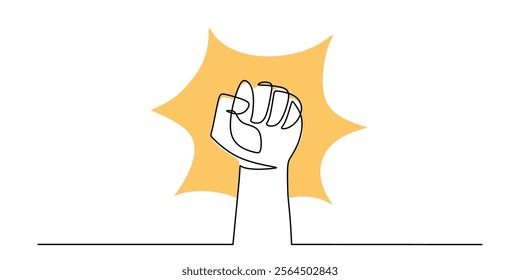 Continuous line drawing of a hand raised fist. Signifying strength, empowerment, and the fight for justice. Vector illustration one line art minimalist.