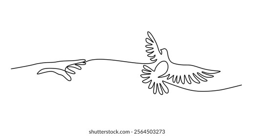 Continuous line drawing of a hand releasing a bird. A metaphor for liberation, peace, and freedom. Vector illustration one line art minimalist.