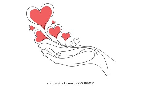 Kontinuierliche Linienzeichnung von Hand Releasing Red Hearts - Minimalistisches Symbol für Liebe, Fürsorge und Großzügigkeit