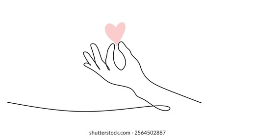 Continuous line drawing of a hand shaping a heart with fingers. Symbolizing connection, tenderness, and the formation of meaningful relationships. Vector illustration one line art minimalist.