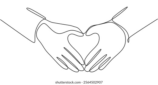 Continuous line drawing of a hand shaping a heart with fingers. Representing affection, tenderness, and forming emotional bonds. Vector illustration one line art minimalist.