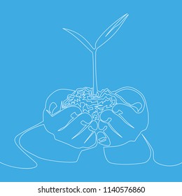 continuous line drawing of hand showing growing plant vector linear illustration
