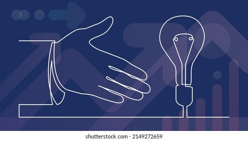 continuous line drawing of hand showing light bulb or idea metaphor