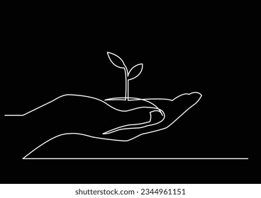 continuous line drawing of hand showing growing plant