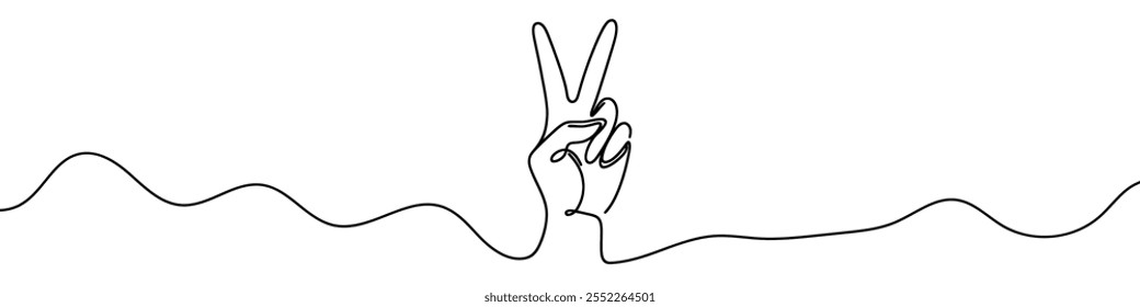 Continuous line drawing of hand showing peace sign, minimalist design