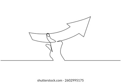 Continuous line drawing of a hand showing growth graph, Hand holding arrow growth graph continuous line drawing. Vector illustration isolated on white.