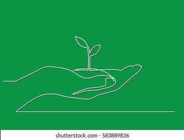 continuous line drawing of hand showing growing plant