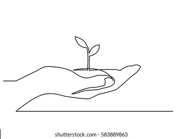 continuous line drawing hand showing growing plant