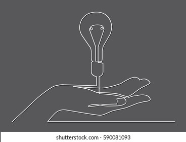 continuous line drawing of hand showing light bulb or idea metaphor