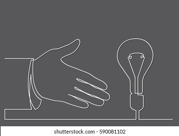 continuous line drawing of hand showing light bulb or idea metaphor