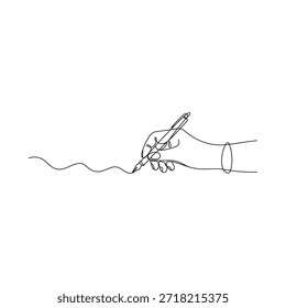 A continuous line drawing of a hand signing a document with a pen