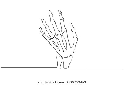 Continuous line drawing of hand skeleton, Black and white vector minimalist illustration, Continuous one line drawing bones of human hand. Wrist bones in single line art vector.