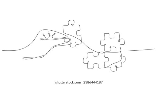 Continuous line drawing of hand solving puzzle pieces, jigsaw. Hands connecting puzzle pieces. One line drawing for Business matching, teamwork concept, metaphor of solving problem. Editable stroke