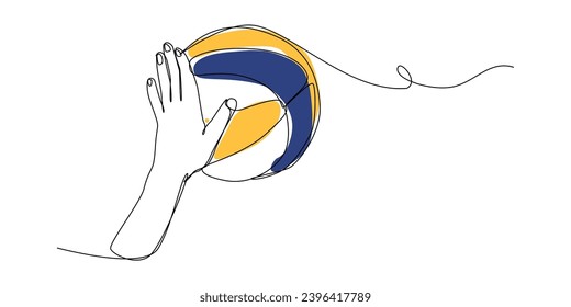 dibujo continuo de la línea de la mano que pica la bola. deporte de voleibol. aislado de fondo blanco. ilustración vectorial coloreada.