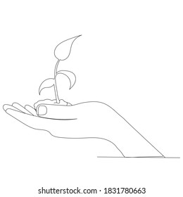 continuous line drawing of hand with sprout