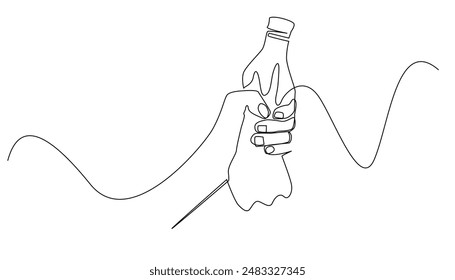 dibujo de línea continua de la mano que aprieta la botella de plástico. dibujo de línea única de la destrucción de residuos de plástico. Ilustración vectorial de línea única. fondo blanco aislado