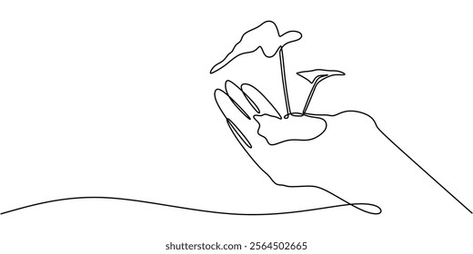 Continuous line drawing of a hand supporting a growing plant. Representing guidance, patience, and the cultivation of potential. Vector illustration one line art minimalist.