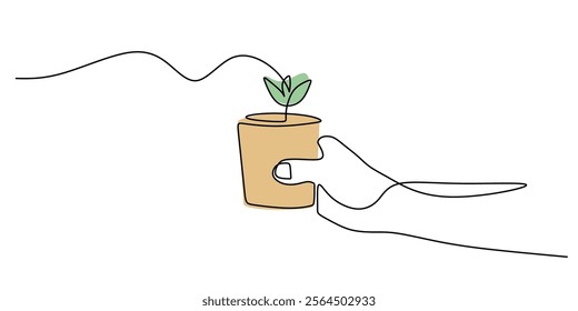 Continuous line drawing of a hand supporting a growing plant. Symbolizing guidance, patience, and the encouragement of progress. Vector illustration one line art minimalist.