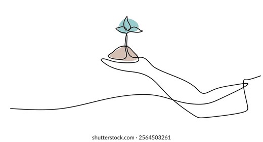 Continuous line drawing of a hand surrounding a seedling. Symbolizing care, protection, and the start of a fresh journey. Vector illustration one line art minimalist.