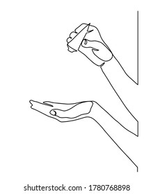 continuous line drawing of hand testing moisturizing skin cream. hand holding tube with liquid soap.Continuous one line drawing.