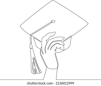 Continuous line drawing of Hand up throw Graduation caps in the Air. Vector Illustration.