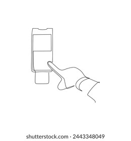 Continuous line drawing of hand touching screen of pos payment terminal. Business and finance simple design concept. 