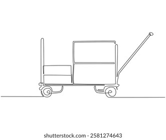 Continuous line drawing of hand trolley for cardboard. Single line illustration of hand truck boxes. Shipment and logistic concept. Editable outline