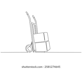 Continuous line drawing of hand trolley for cardboard. Single line illustration of hand truck boxes. Shipment and logistic concept. Editable outline