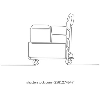 Continuous line drawing of hand trolley for cardboard. Single line illustration of hand truck boxes. Shipment and logistic concept. Editable outline