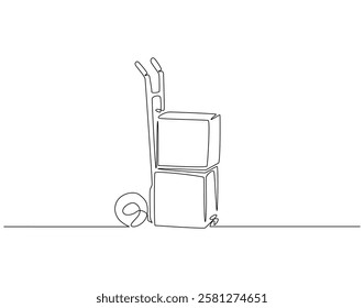 Continuous line drawing of hand trolley for cardboard. Single line illustration of hand truck boxes. Shipment and logistic concept. Editable outline