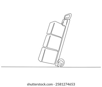 Continuous line drawing of hand trolley for cardboard. Single line illustration of hand truck boxes. Shipment and logistic concept. Editable outline