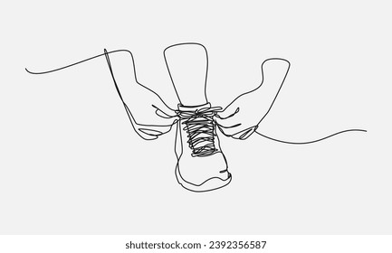 continuous line drawing of hand tying shoelaces. editable stroke. vector illustration.