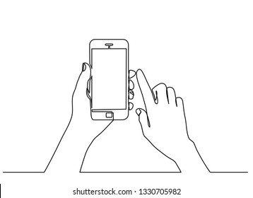 continuous line drawing of  hand typing on mobile phone isolated on white background. hand holding a modern smartphone and pointing with finger. 