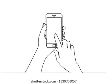 continuous line drawing of  hand typing on mobile phone isolated on white background. hand holding a modern smartphone and pointing with finger. 