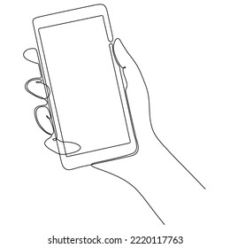 
Continuous line drawing of hand typing on mobile isolated on white background. hand holding modern smartphone and pointing with finger.