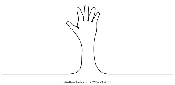 Continuous line drawing hand up. Raised hand linear symbol. Vector illustration isolated on white.