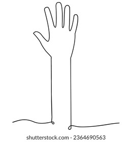 Continuous line drawing hand up. Raised hand linear symbol. Vector illustration isolated on white.