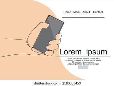 continuous line drawing of a hand using a modern mobile phone. Can used for logo, emblem, slide show and banner. Illustration with quote template.
